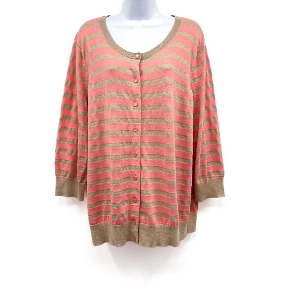Talbots Metallic Striped Button Front Cardigan Sweater Top Plus Size 2X Pink - Picture 1 of 6